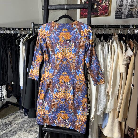 J. McLaughlin Sophia Safari Print Dress Brown Blue Gold - Picture 9 of 9